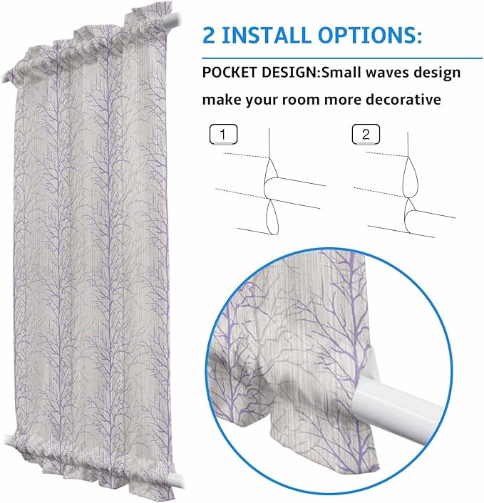 French Door Curtain Panel for Front Door, Purple Branch Plant Lines Slidelight Door Curtains with Tieback Light Filtering Privacy Panels for Doorway Entryway 25"x 40"