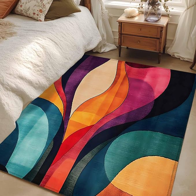 Minimalist Art Area Rugs 2.7'x5', Abstract Yellow Blue Color Block Line Washable Area Rugs Non-Slip Indoor Floor Mats Carpet for Living Room Bedroom Dining Room