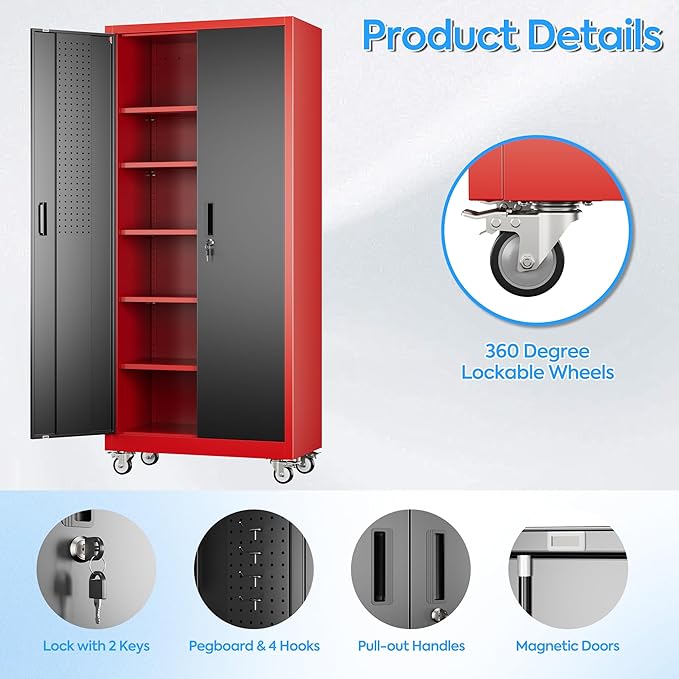Reemoon 71" H Metal Garage Storage Cabinet with 5 Adjustable Shelves and Pegboard,Steel Storage Cabinet with Wheels for Garage Home Office Utility Room,Required Assembly, Red and Black
