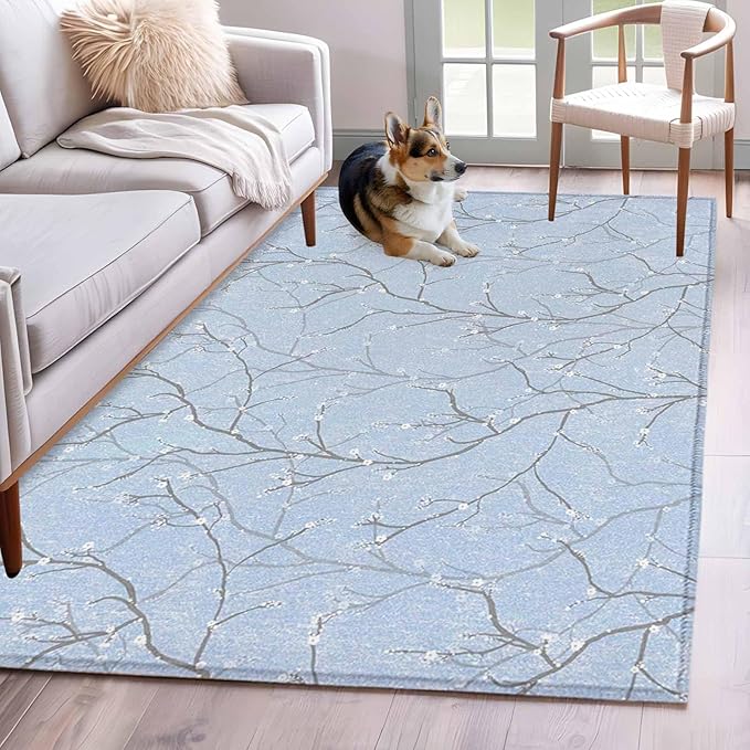 Blue Tree Branch Area Rugs 2.7'x5', Retro Classic Art Blue Tree Branches Flower Washable Area Rugs Non-Slip Indoor Floor Mats Carpet for Living Room Bedroom Dining Room