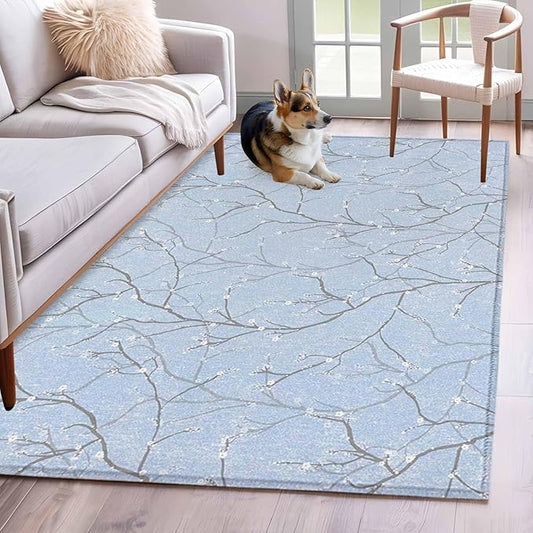 Blue Tree Branch Area Rugs 2.7'x5', Retro Classic Art Blue Tree Branches Flower Washable Area Rugs Non-Slip Indoor Floor Mats Carpet for Living Room Bedroom Dining Room