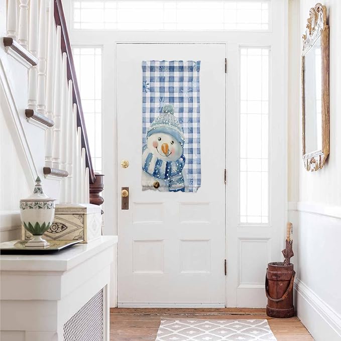 Christmas French Door Curtain Panel for Front Door, Winter Smile Snowman Snowflake Classical Blue Plaid Slidelight Door Curtains with Tieback Light Filtering Privacy Panels for Entryway 25"x 40"