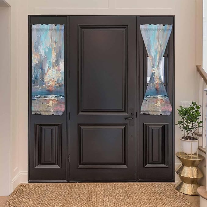 French Door Curtain Panel for Front Door, Oil Painting Blue Gray Summer Beach Abstract Slidelight Door Curtains with Tieback Light Filtering Privacy Panels for Doorway Entryway 25"x 40"