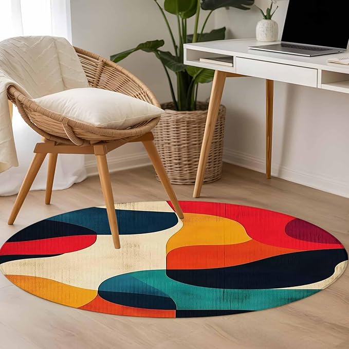 Abstract Art Small Round Rug 3 Ft, Impressionist Red Blue Color Block Area Rugs Washable Non Slip Indoor Floor Mats Circle Carpet for Living Room Bedroom Dining Room Home Decor