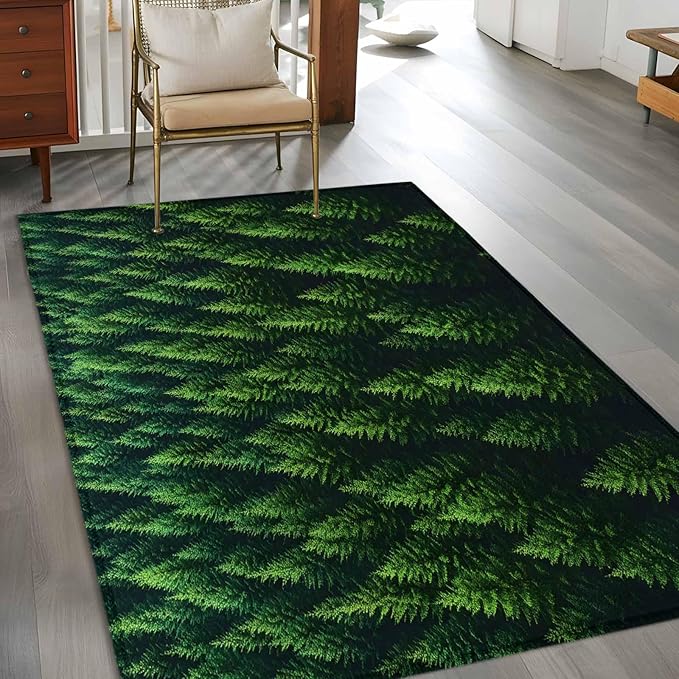 Green Forest Area Rugs 2.7'x5', Pine Trees Forest Landscape Style Summer Washable Area Rugs Non-Slip Indoor Floor Mats Carpet for Living Room Bedroom Dining Room