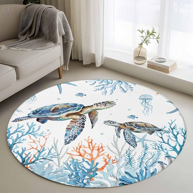Sea Turtle Round Rug 4 Ft, Seagrass Coral Starfish Circle Area Rugs Washable Non Slip Indoor Floor Mats Carpet for Living Room Bedroom Dining Room Home Decor
