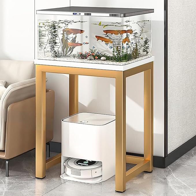 Storage Rack Above The Sweeping Robot,Robot Vacuum Stand Cabinet,Entryway Hallway Double-Tier Robot Vacuum Cleaner Shelf,Steel Frame with Wooden Top,Small End Tables for Bathroom(White/Gold,50x35/19.6