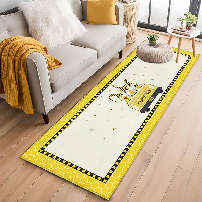 Honey Gnomes Runner Rug 2'x6', Bees Hive Sunflower Truck Hallway Runner Rugs Washable Non-Slip Bedside Floor Mats Carpet for Kitchen Bedroom Laundry Room Bathroom