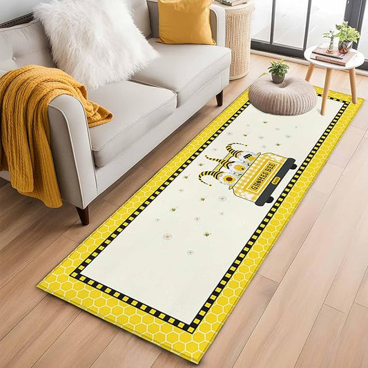 Honey Gnomes Runner Rug 2'x6', Bees Hive Sunflower Truck Hallway Runner Rugs Washable Non-Slip Bedside Floor Mats Carpet for Kitchen Bedroom Laundry Room Bathroom