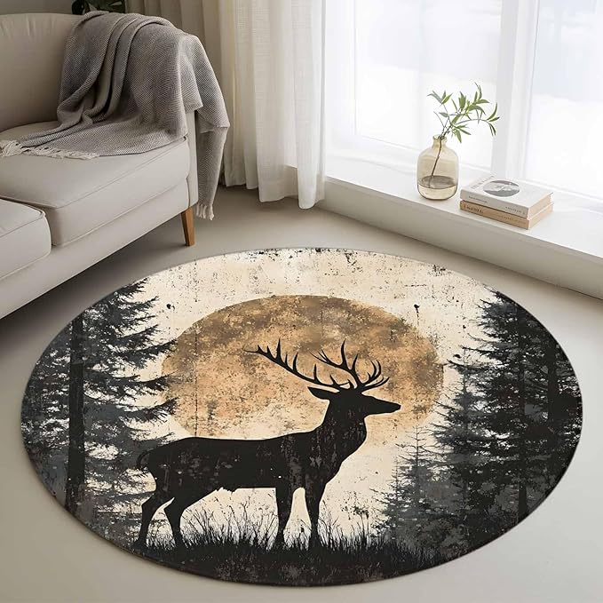 Deer Round Rug 4 Ft, Elk Silhouette Circle Area Rugs Washable Non Slip Indoor Floor Mats Carpet for Living Room Bedroom Dining Room Home Decor