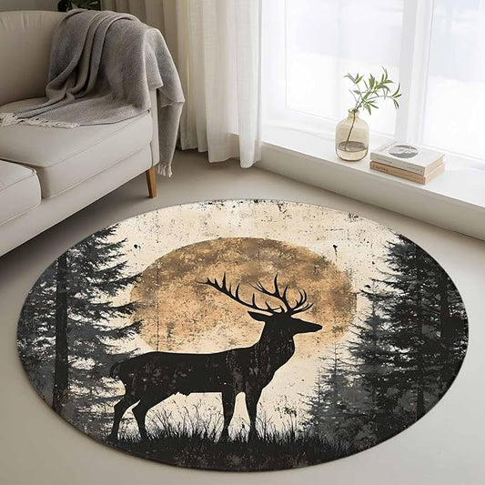 Deer Round Rug 4 Ft, Elk Silhouette Circle Area Rugs Washable Non Slip Indoor Floor Mats Carpet for Living Room Bedroom Dining Room Home Decor
