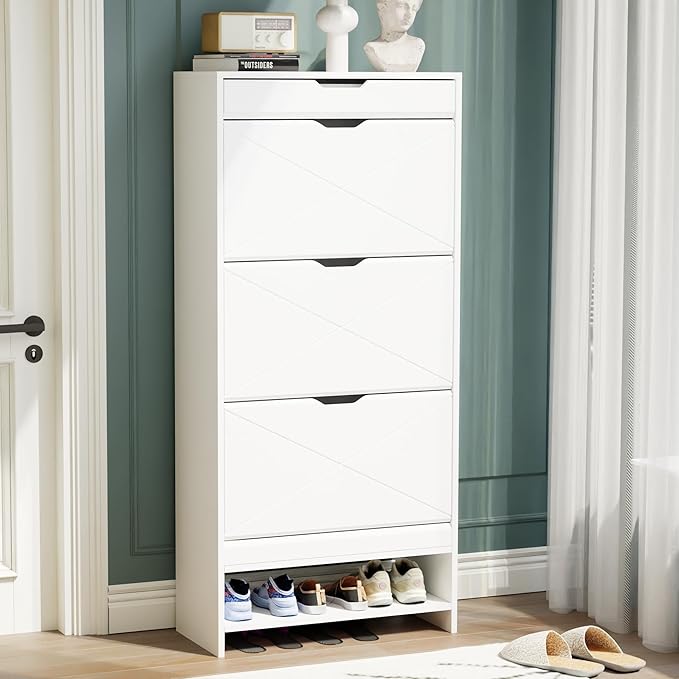 Shoe Cabinet with 3 Flip Drawers, Shoe Storage Cabinet with Open Shelf and Top Drawer, Free Standing Shoe Rack Storage Organizer for Entryway, Hallway, White
