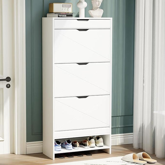 Shoe Cabinet with 3 Flip Drawers, Shoe Storage Cabinet with Open Shelf and Top Drawer, Free Standing Shoe Rack Storage Organizer for Entryway, Hallway, White