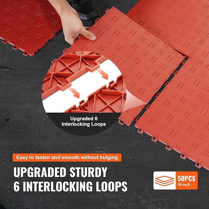 VEVOR Garage Floor Tiles 12 x 12 x 0.53 inch, Interlocking Design Ease of Installation Double-Sided Texture Non-Slip Sturdiness, for Garages, Basements, Repair Shops, Red, 50 Pack