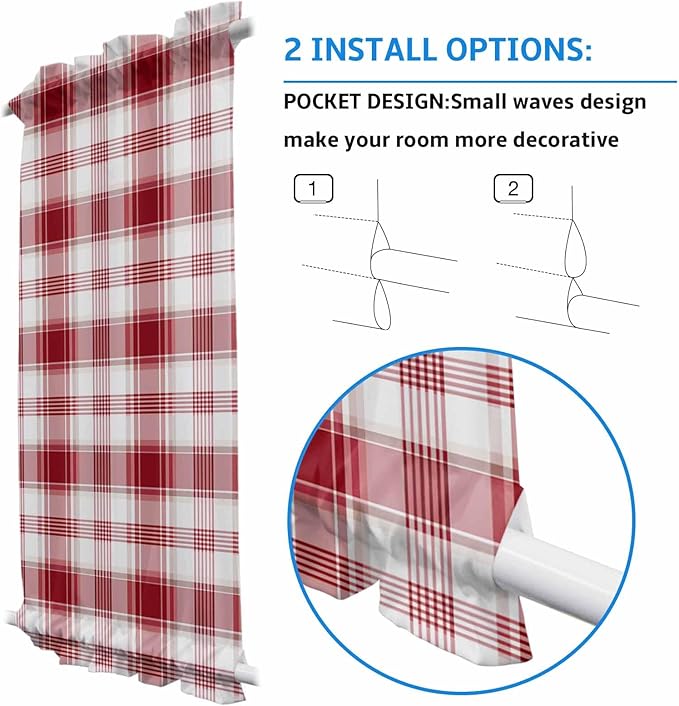 French Door Curtain Panel for Front Door, Red White Ombre Checkered Classical Slidelight Door Curtains with Tieback Light Filtering Privacy Panels for Doorway Entryway 25"x 40"