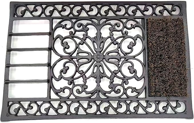 Vintage Cast Iron Door Mat with Rust Brown Shoe Brush - Decorative Floral Pattern Entryway Rug for Outdoor Shoe Cleaning HC5447