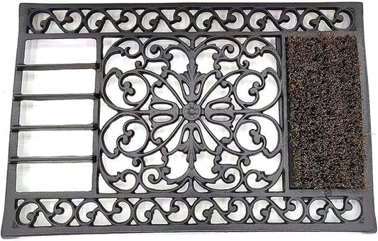 Vintage Cast Iron Door Mat with Rust Brown Shoe Brush - Decorative Floral Pattern Entryway Rug for Outdoor Shoe Cleaning HC5447