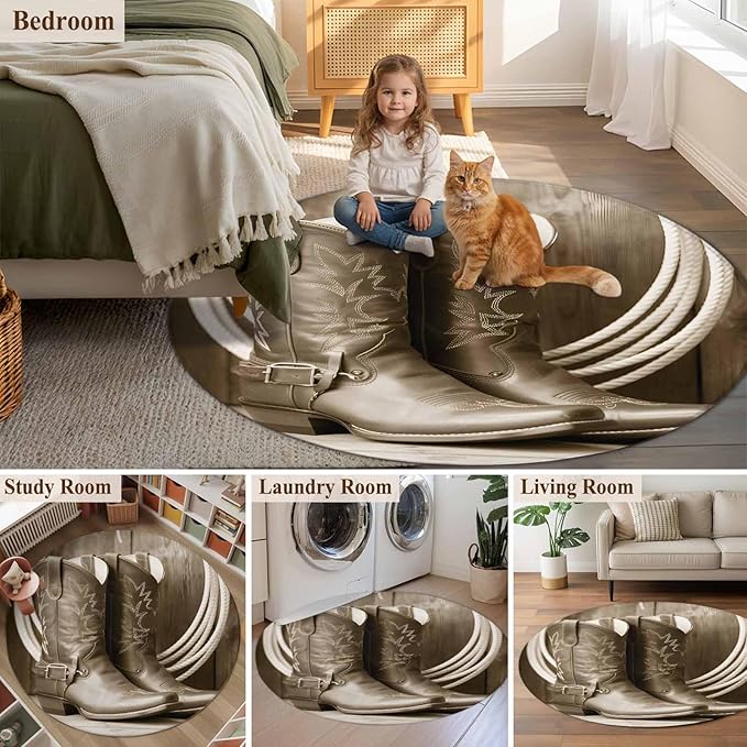 Western Cowboy Round Rug 6 Ft, Vintage Countryside Cowboy Boots Ropes Circle Area Rugs Washable Non Slip Indoor Floor Mats Carpet for Living Room Bedroom Dining Room Home Decor