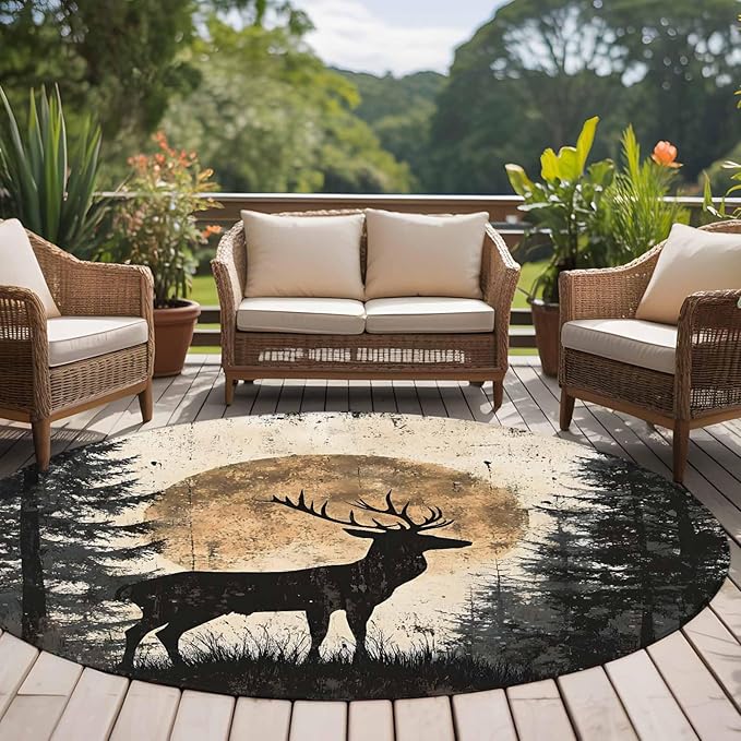 Deer Round Rug 5 Ft, Elk Silhouette Circle Area Rugs Washable Non Slip Indoor Floor Mats Carpet for Living Room Bedroom Dining Room Home Decor