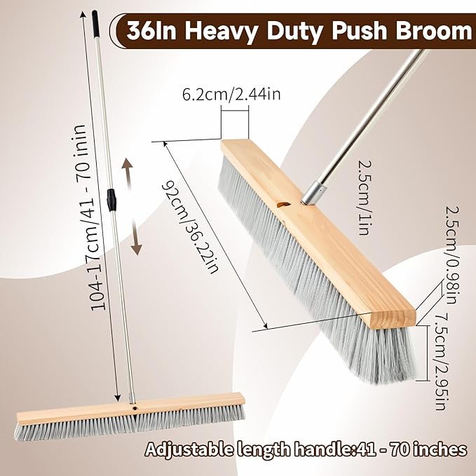 Maxdot 36" Push Broom with Stainless Steel Telescopic Handle,Polypropylene Bristles, Heavy Duty Push Large Broom with Handle for Smooth-Surface Home and Garage Sweeping