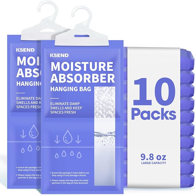 Ksend Moisture Absorbers 10 Pack, 9.8 Oz Compact Dehumidifier Bags & Packs, Moisture Hanging Bag, Humidity Absorbers, Closet Deodorizer Against Musty Odors, 11.8'' x 6.3''