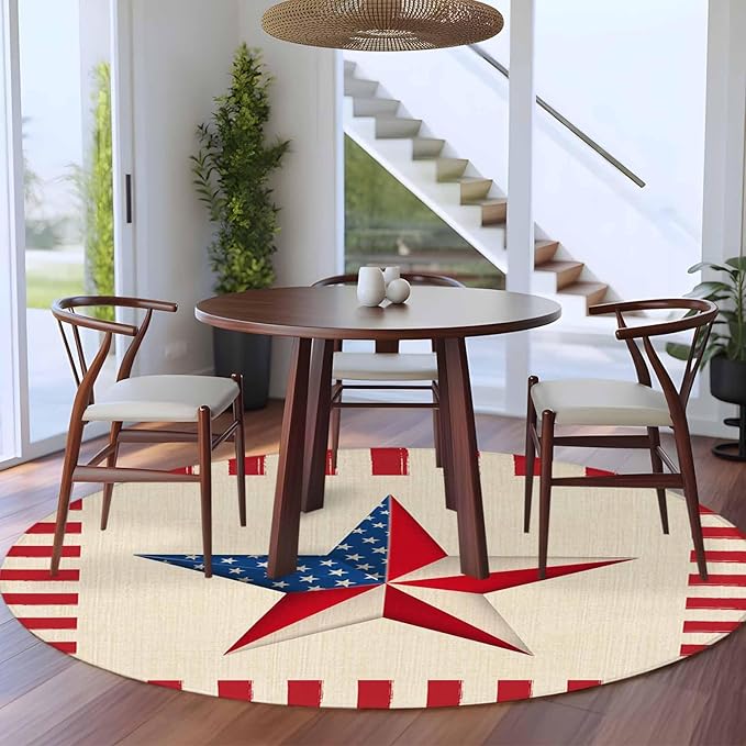 Farmhouse American Flag Pentagram Large Round Rug 8Ft, Circle Area Rugs Washable Non Slip Indoor Floor Mats Carpet for Living Room Bedroom Dining Room Home Decor
