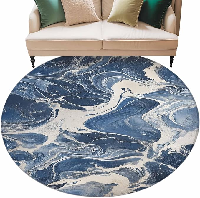 Impressionist Style Round Rug 6 Ft, White Blue Blurred Wash Circle Area Rugs Washable Non Slip Indoor Floor Mats Carpet for Living Room Bedroom Dining Room Home Decor