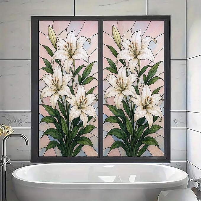 White Lily Privacy Film Stained Glass Style Static Cling No Glue Decorative Panel Light Filtering Cover for Door Window Bedroom Entryway 17.7x39.3 inch