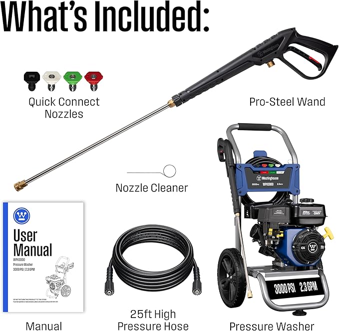Westinghouse WPX3000 Gas Pressure Washer, 3000 PSI and 2.3 GPM, Spray Gun and Wand, 4 Nozzle Set, for Cars/Fences/Driveways/Homes/Patios/Furniture