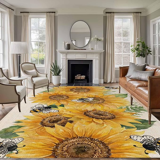 Watercolor Sunflower Cartoon Farmhouse Bee Linen Texture 5'x7' Area Rugs, Washable Area Rugs Non-Slip Indoor Floor Mats Carpet for Living Room Bedroom Dining Room