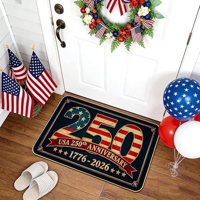 250th Door Mat, Patriotic Vintage USA Anniversary Outdoor Indoor Patio Entrance Door Mats Low Profile Non Slip Outside Inside Floor Mat Rugs for Home Decor, 29x17Inch