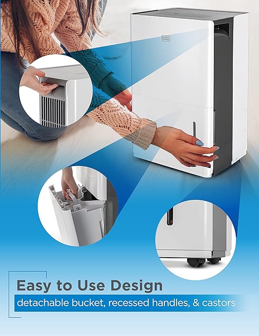 BLACK+DECKER 22-Pint Portable Dehumidifier, Dehumidifier for Home up to 1500 Sq. Ft. Coverage, For Basement and Medium to Large Spaces, Removable Bucket and Drain Hose Included, BD22MWSA, White