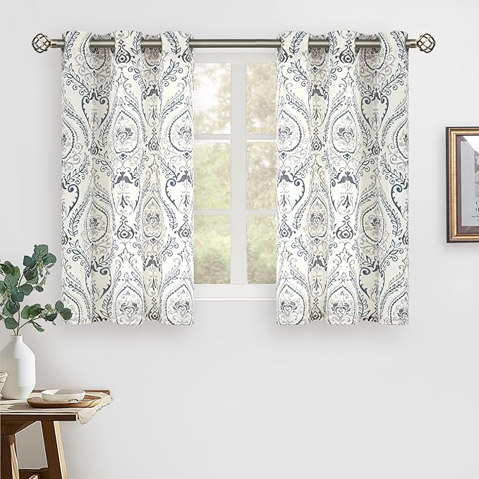 LAMIT Cafe Linen Curtains 45 inch Length for Small Windows, Light Filtering Semi Sheer Linen Curtains Grommet Vintage Damask Flower Pattern Drapes for Kitchen, 2 Panels, 34 x 45 Inch, Greyish Blue
