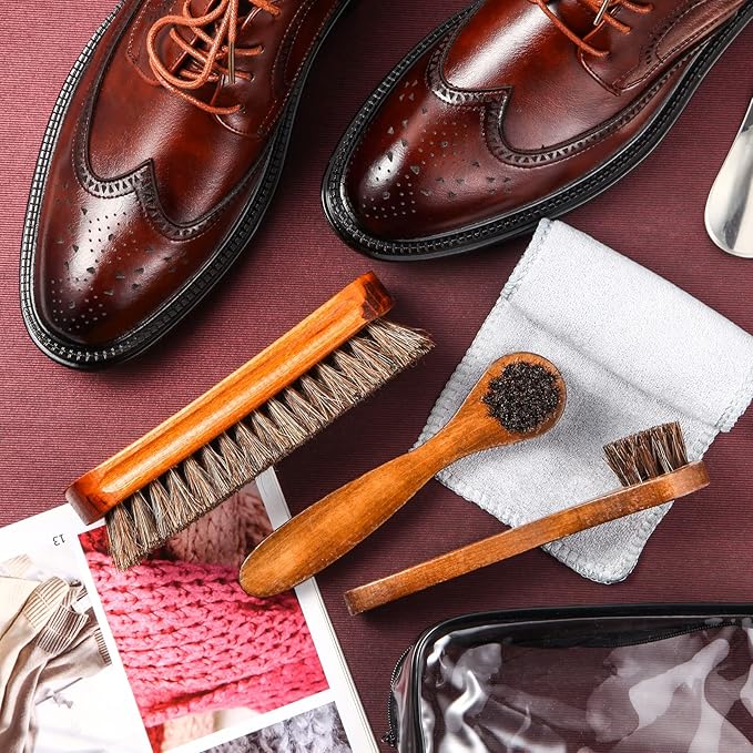 4 Pcs Horsehair Shoe Brush Kit Polishing Daubers Applicators Leather Care Brushes Shine Cleaning Cloth with Bag(Shoe Brush Set E)