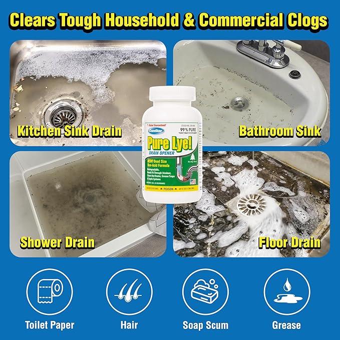 ComStar Pure Lye 1 lb - Unique Sodium Hydroxide Beads | Drain Opener & Soap Making | Biodegradable, Eco-Friendly (Pack of 12)