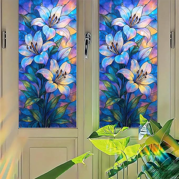Blue Purple Lily Privacy Film Stained Glass Style Static Cling No Glue Decorative Panel Light Filtering Cover for Door Window Studio 17.7x39.3 inch