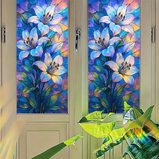 Blue Purple Lily Privacy Film Stained Glass Style Static Cling No Glue Decorative Panel Light Filtering Cover for Door Window Studio 17.7x39.3 inch