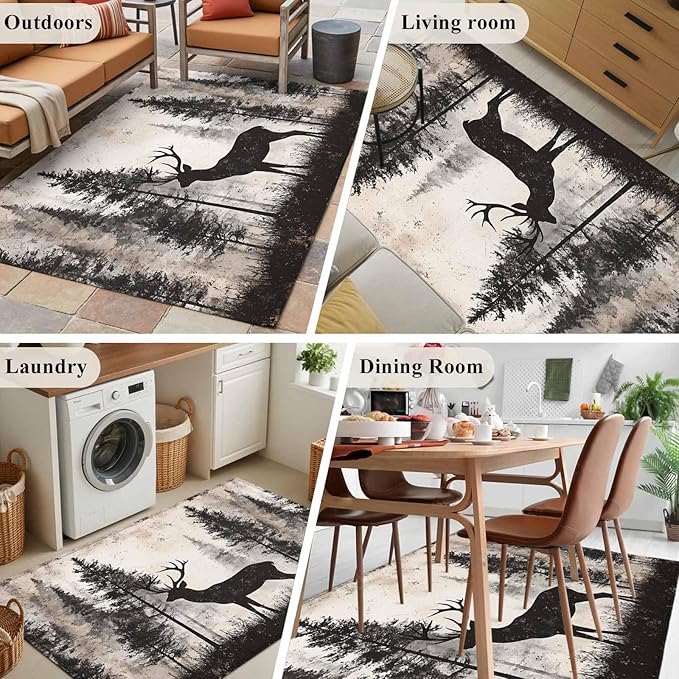 Elk 4'x6' Area Rugs, Deer Silhouette Washable Area Rugs Non-Slip Indoor Floor Mats Carpet for Living Room Bedroom Dining Room