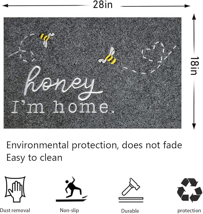 Funny Bee Doormat Honey I'm Home Cute Door Mat Welcome Mats for Front Door Kitchen Rugs Indoor Porch Outdoor Non Slip Durable Rubber Mats Grey Floor Rugs for Outside Entry Farmhouse