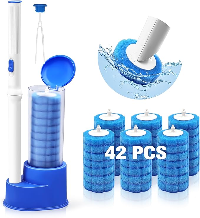 NEWE Disposable Toilet Brush with Tweezers, Toilet Bowl Wand Holder Set with 42PCS Cleaner Refills, Bathroom Cleaning System for Sink Bathtub Drain Wash Basin Urinal (Blue)