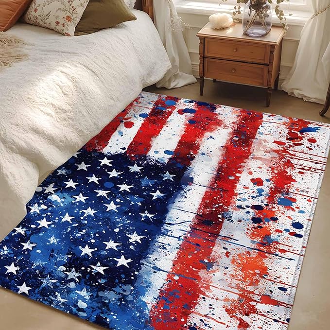 Mottled Red Blue White Stars Painted Flag 3'x5' Area Rugs, Washable Area Rugs Non-Slip Indoor Floor Mats Carpet for Living Room Bedroom Dining Room