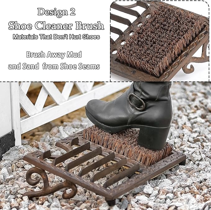 Cast Iron Boot Brush Scraper Outdoor, Heavy Duty Boot Scrubber Brush with Angled Design, Outdoor Shoe Scrapers with Brushes, All Weather Boot Scraper for Home Porch Entryway Garden (Brown)