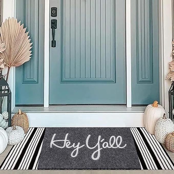 Door Mats Outdoor Welcome Hey Y'all Doormats for Front Door Indoor Entrance Low Profile Non Slip Rubber Heavy Duty Backing Mats Outside Entry Mat Decor for Patio 36" x 24" Gray