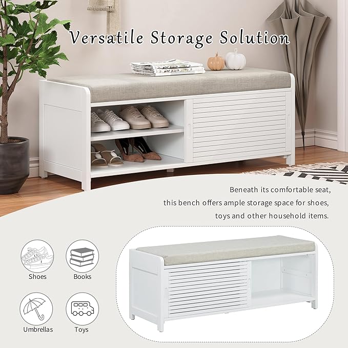 Knocbel Entryway Storage Bench with Sliding Doors and 1 Shelf, Living Room Entrance Hallway Foyer Shoe Bench Bedroom End of Bed Bench, 220lbs Weight Capacity (White 2-Door)