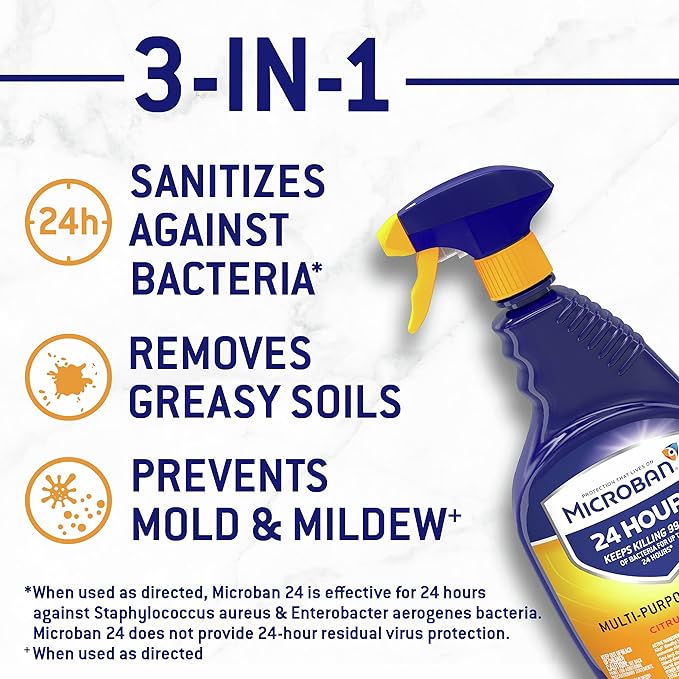 MICROBAN Disinfectant Spray, 24 Hour Sanitizing and Antibacterial Spray, All Purpose Cleaner, Citrus Scent, 4 Count, 22 fl oz Each