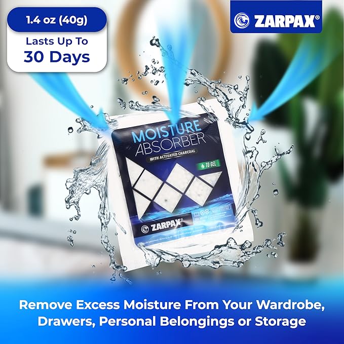 Zarpax Moisture Absorber Sachets Activated Charcoal 1.4 oz/40g - Remove Excess Moisture In Air - Desiccant Dehumidifier for Closet, Drawer, Safe, Storage - Dampness & Humidity Control - Set of 15