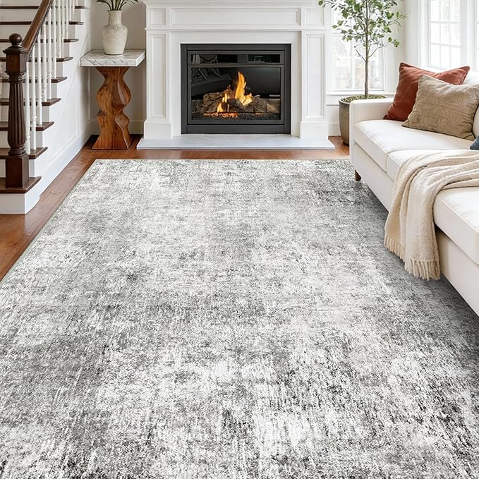 RELEANY Washable Area Rugs 9'x12' Non-Slip Modern Abstract Soft for Living Room Entryway Bedroom Nursery, Print Pattern, Gray White Grey