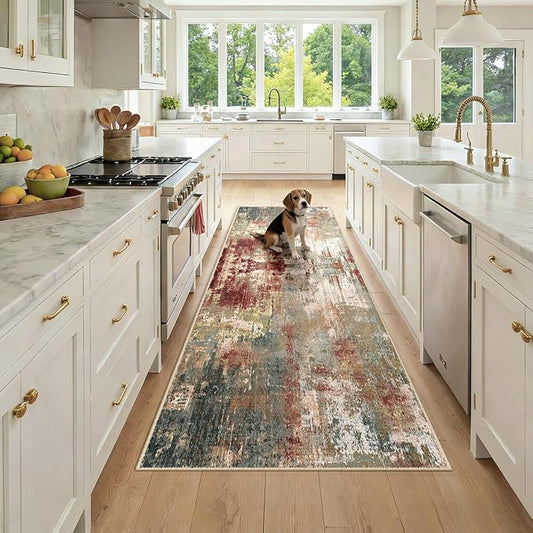 RELEANY Washable Area Rugs 3x8 Non-Slip Modern Abstract Soft for Living Room Entryway Bedroom Nursery, Print Pattern, Brown Rust Red Green Blue Multi