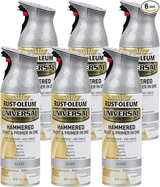 Rust-Oleum 245219-6PK Universal All Surface Hammered Spray Paint, 12 oz, Silver, 6 Pack