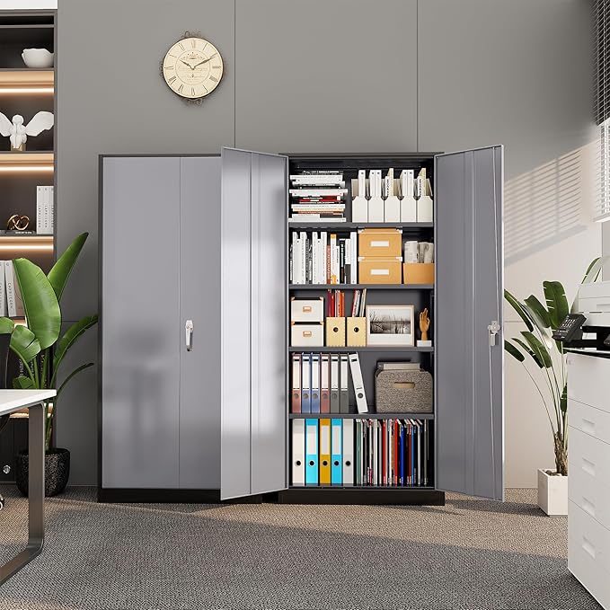 Bonusall 72" Metal Garage Storage Cabinet， Heavy-Duty Steel Cabinet with 2 Locking Doors & 4 Adjustable Shelves for Home, Office